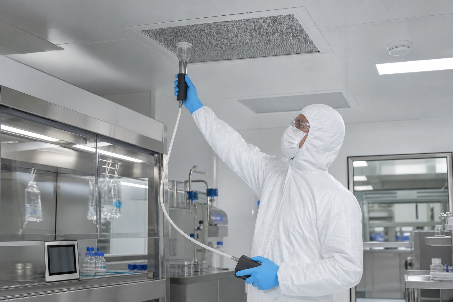 Cleanroom certification specialist testing a ceiling HEPA filter